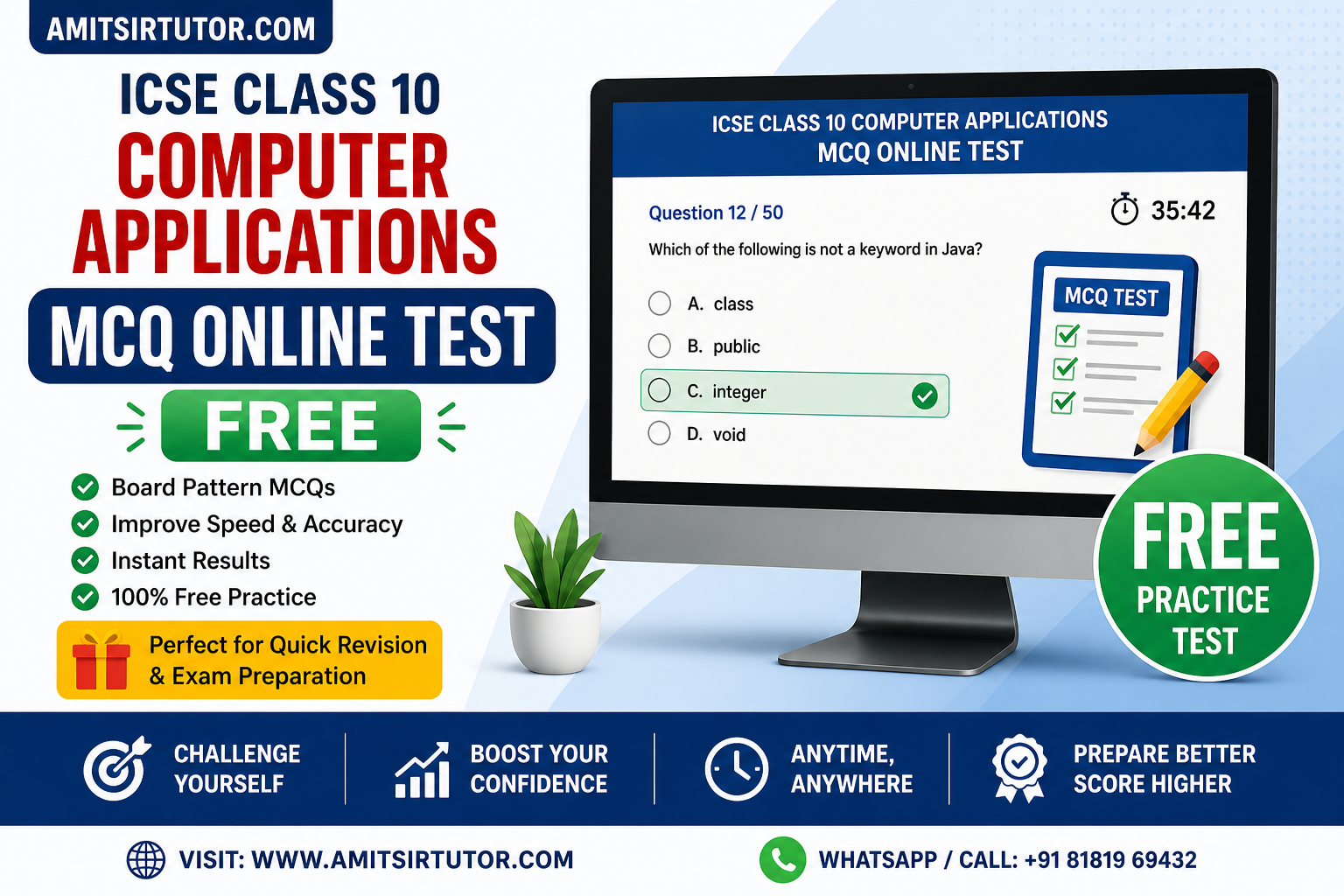 ICSE Class 10 Computer Applications Free MCQ Online Test by Amit Sir